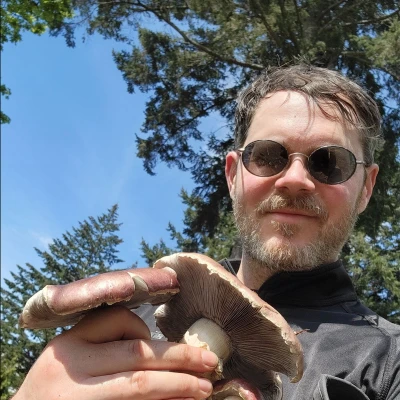 A person with short dark hair and a beard, wearing sunglasses and a dark shirt, is holding three large mushrooms with a backdrop of tall trees and a clear blue sky.